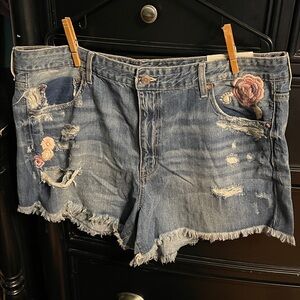 Distressed Denim Festival Shorts with Floral Embroidered Details